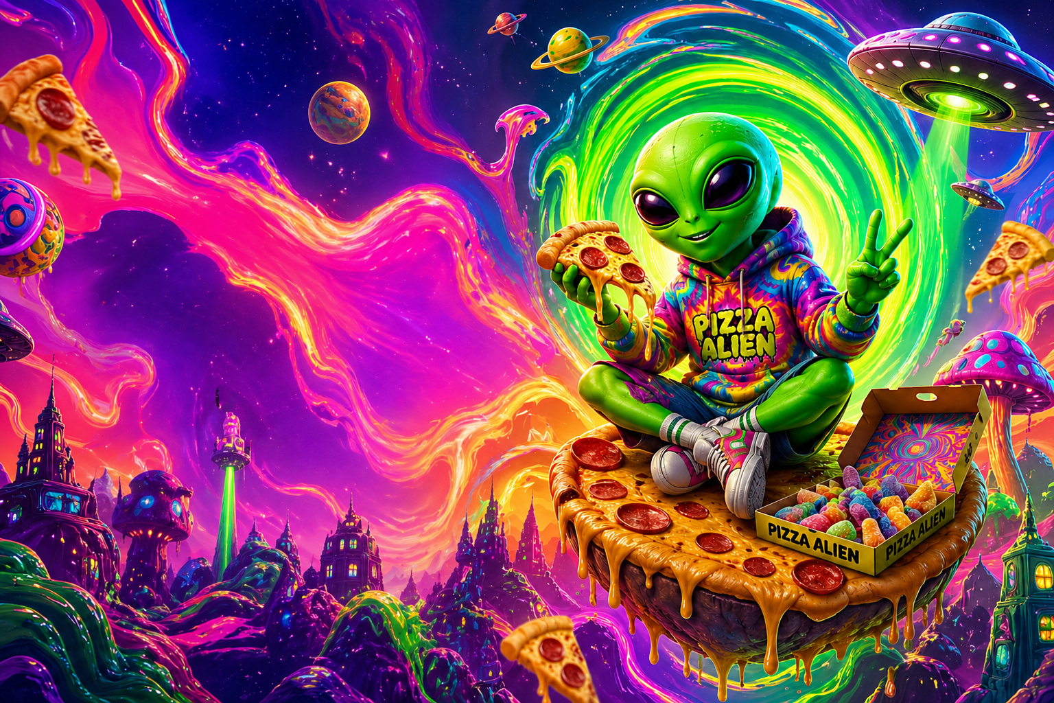 Pizza Alien psychedelic alien artwork.