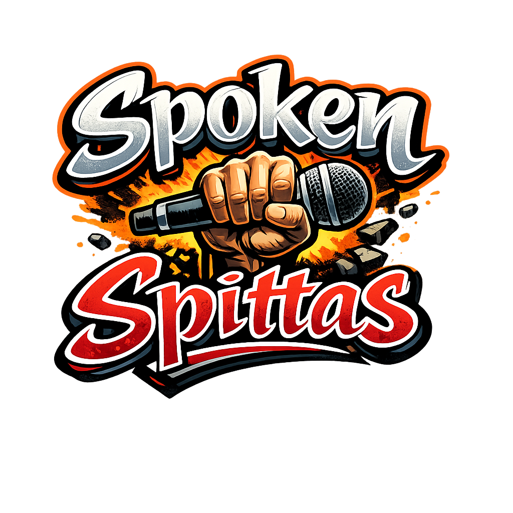 Spoken Spittas logo with hand holding a microphone.